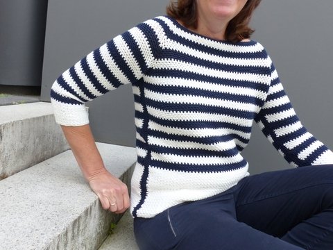 Gehäkelter Streifenpulli mit Halbarm, E-Book in S/M/L/XL/XXL