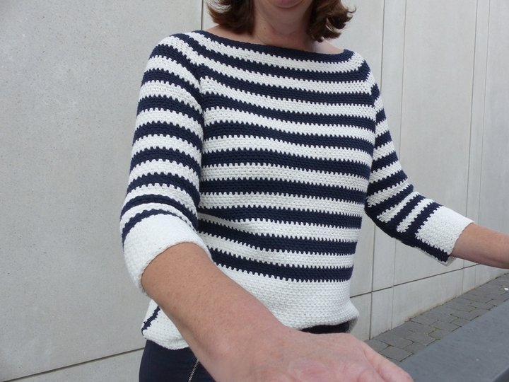 Gehäkelter Streifenpulli mit Halbarm, E-Book in S/M/L/XL/XXL