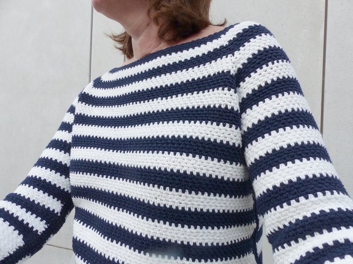 Gehäkelter Streifenpulli mit Halbarm, E-Book in S/M/L/XL/XXL