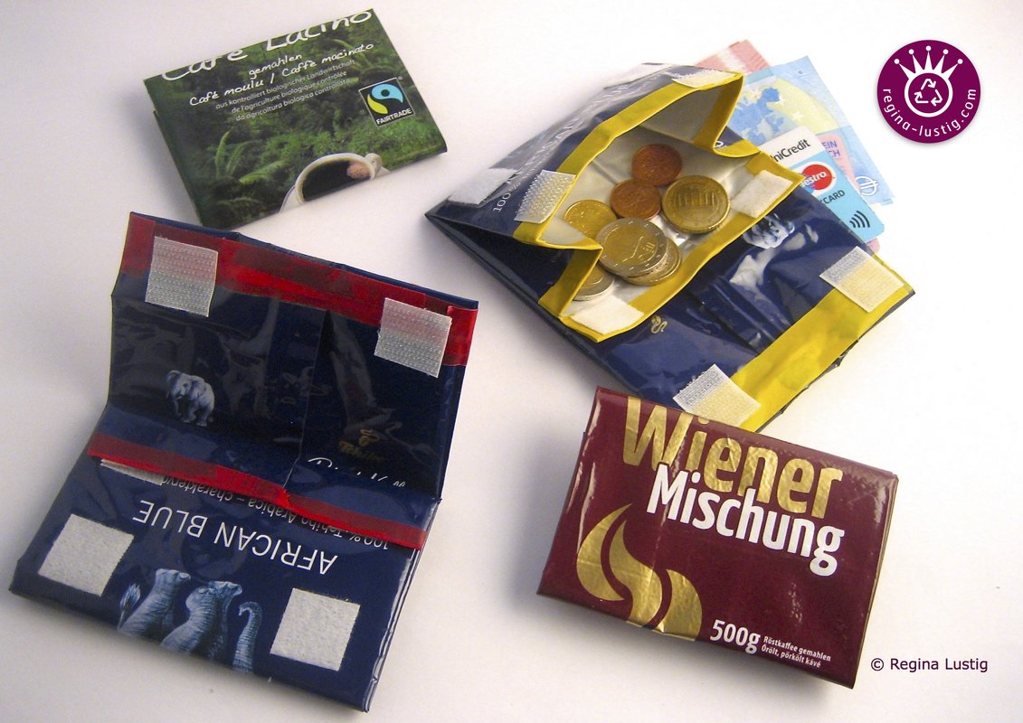Geldbörse aus Kaffeepackung, ohne nähen, Geldbeutel, Geldtasche, Portemonnaie, Upcycling, Recycling