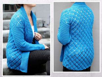 Häkelanleitung Cardigan/Strickjacke mit Rautenmuster und Kragen, Gr. XS-XXL