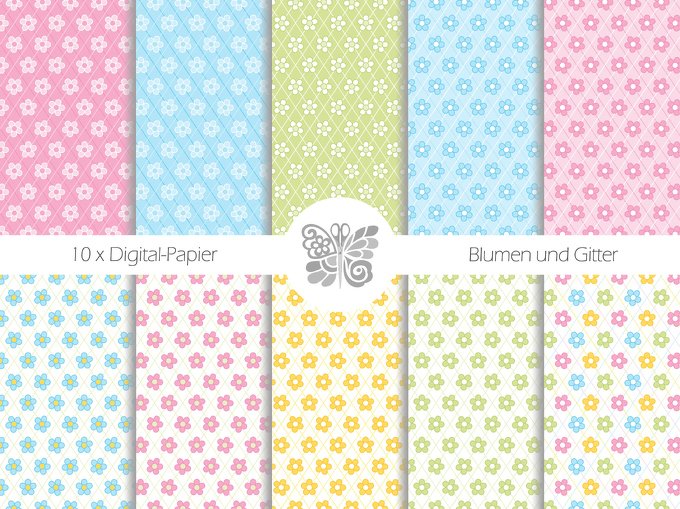 Digital-Papier – Blumen und Gitter - Bild 2