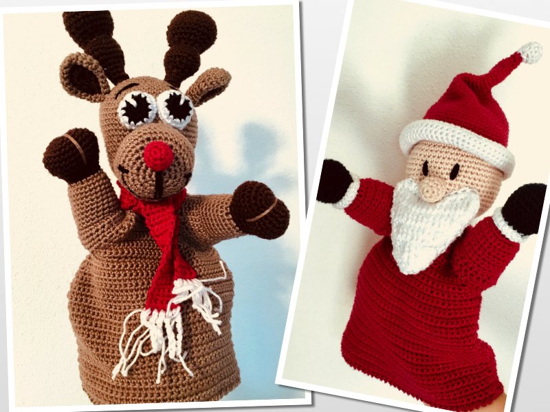 Zwei gehäkelte Handpuppen: braunes Rentier mit roter Nase und Schal links, roter Weihnachtsmann mit weißem Bart und Mütze rechts