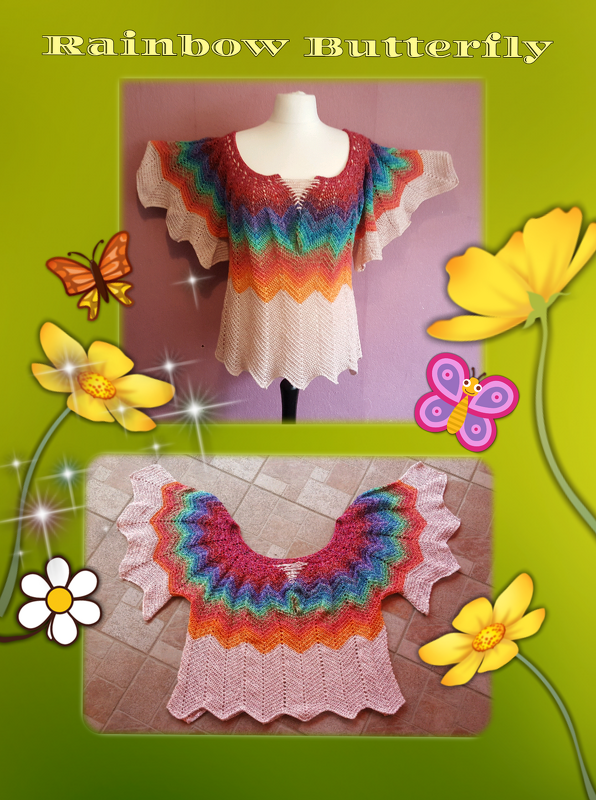Gehäkeltes Damen-Top mit mehrfarbigem Regenbogen-Zickzackmuster oben und beigefarbenem Wellenmuster unten, auf einer Schneiderpuppe präsentiert.