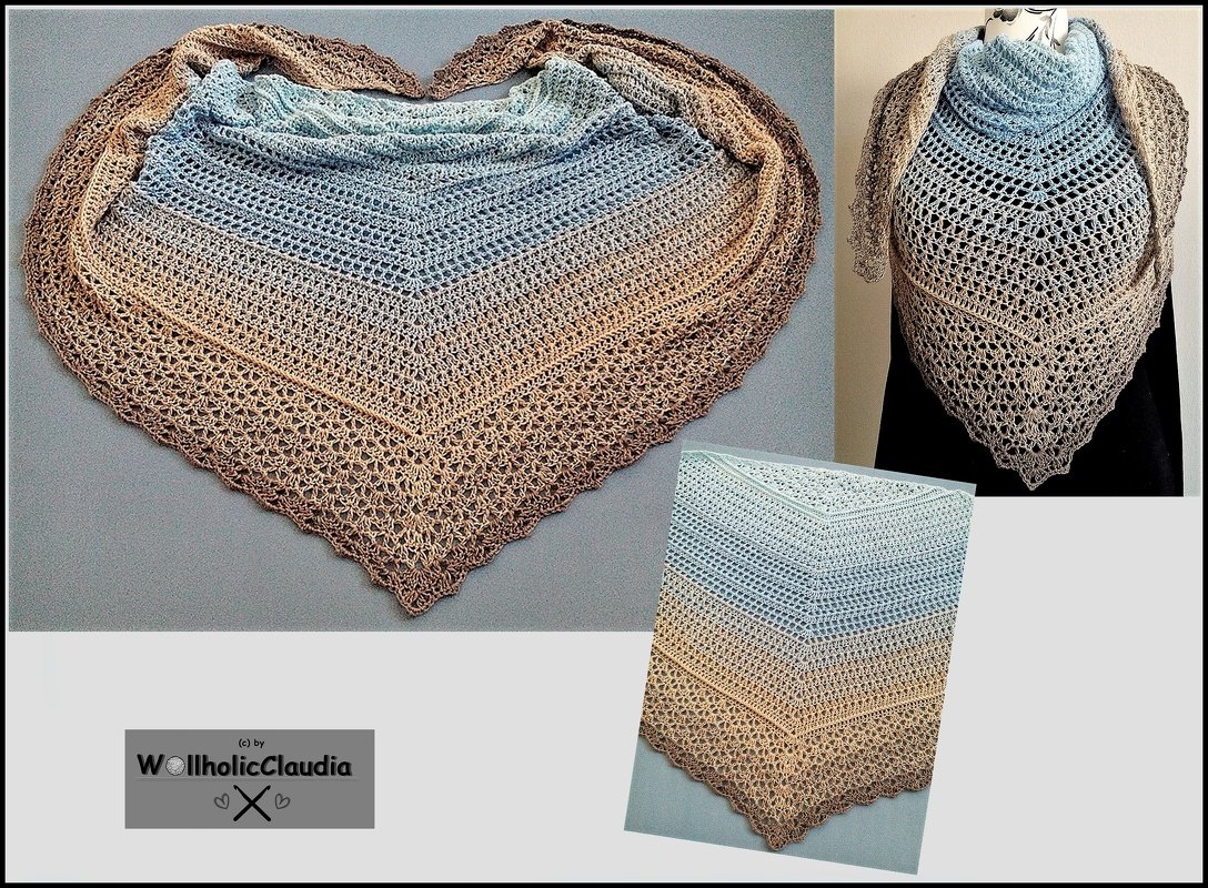 Gehäkeltes dreieckiges Tuch in Hellblau und Beige mit offenem Lochmuster und gezackter Kante