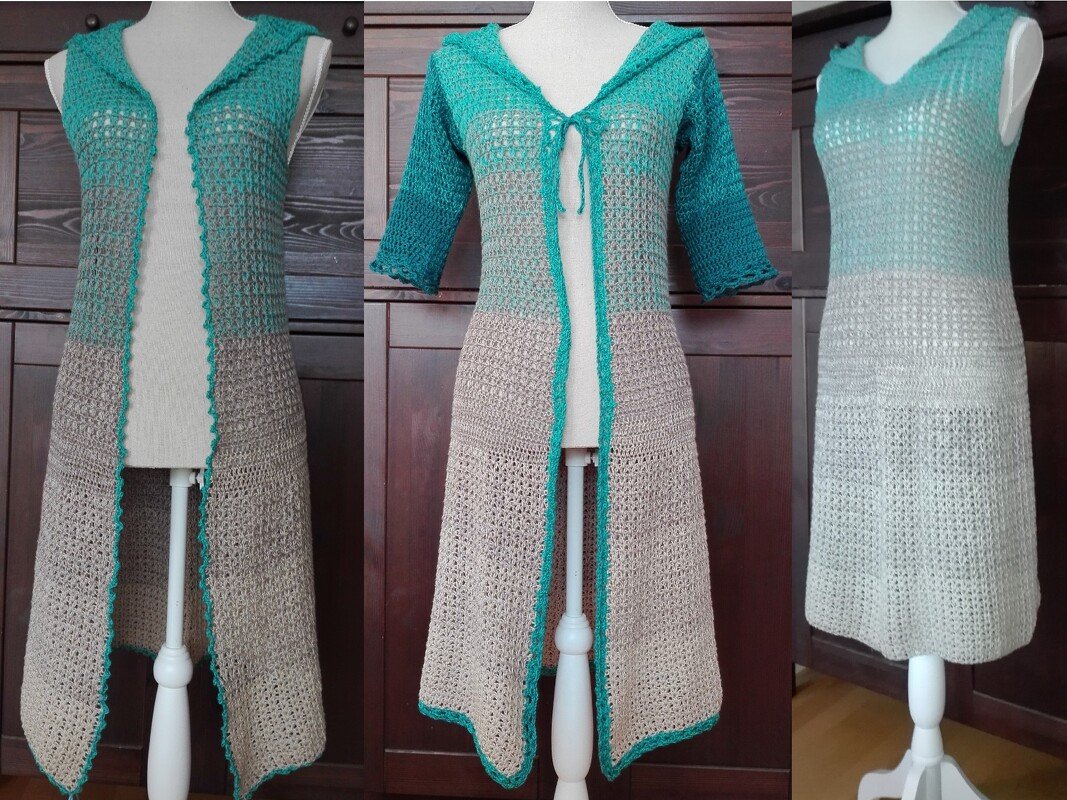 Gehäkelte Longweste mit Kapuze, Kurzmantel mit 3/4-Ärmeln und ärmelloses Kleid in Türkis‑Beige