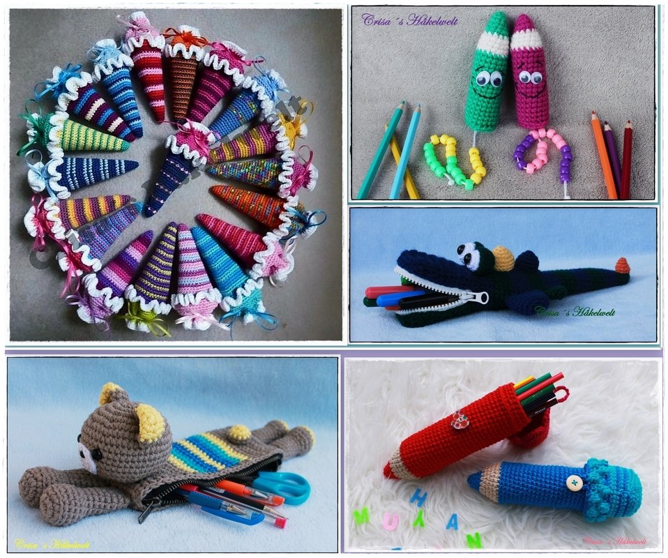 Bunte handgehäkelte Schultüten, tierische Federmäppchen und Bleistifthüllen