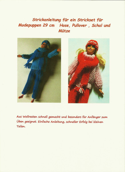 Anleitungsblatt und Fotos eines Stricksets für 29-cm-Modepuppen