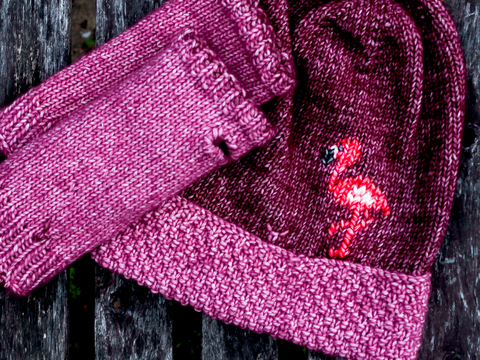 Set Strickanleitung Mütze und Armstulpen Flamingo für Mädchen 5/6 Jahre