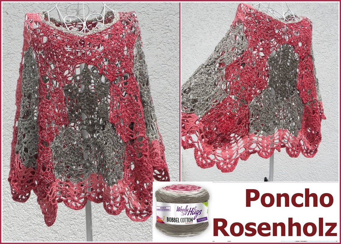Gehäkelter Damenponcho in Rosenholz und Grau mit Loch- und Wellenmuster