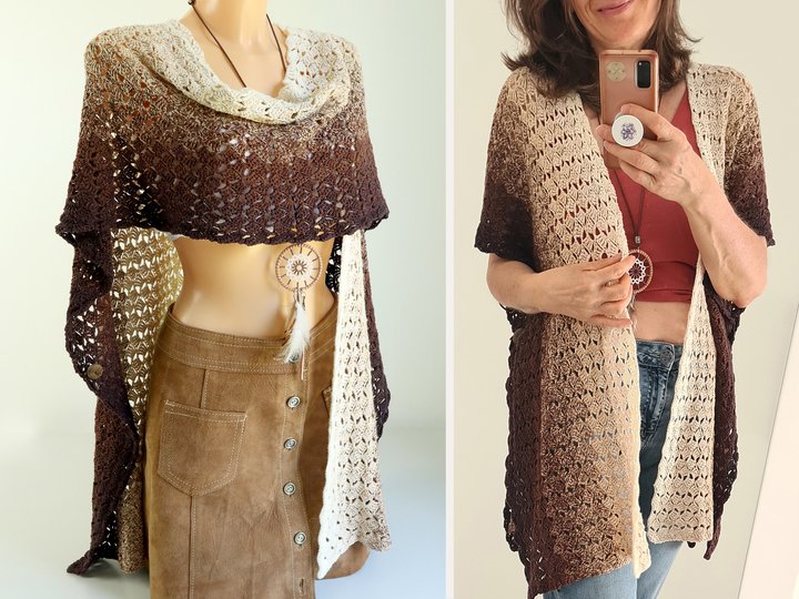 Crochet Pattern “Cappuccino” – Poncho, Cardigan or Long Boho Vest