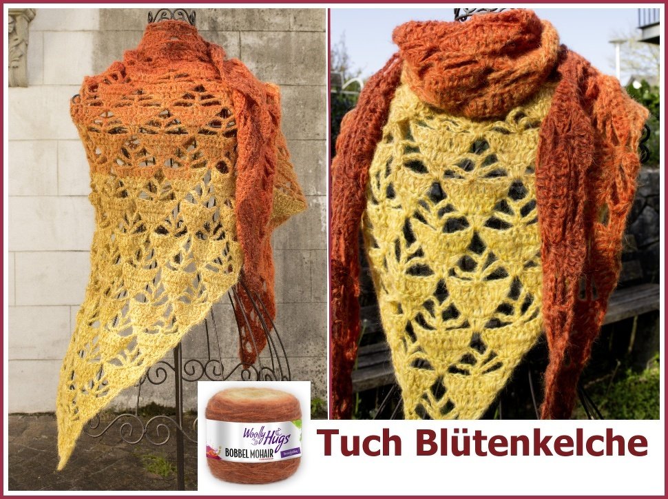 Gehäkeltes Dreieckstuch in Gelb- und Orangetönen mit offenem Blütenmuster auf Schneiderbüste