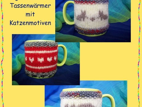 Anleitung für drei gestrickte Katzen-Tassenwärmer