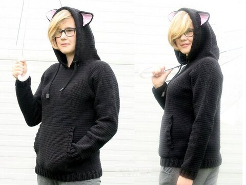 Hoodie mit Katzenohren für Erw., S-XXL (Raglan, Basic Pullover)