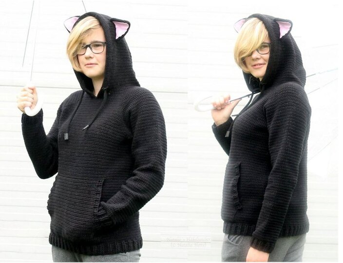 Hoodie mit Katzenohren für Erw., S-XXL (Raglan, Basic Pullover)