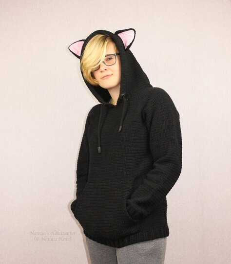 Hoodie mit Katzenohren für Erw., S-XXL (Raglan, Basic Pullover)