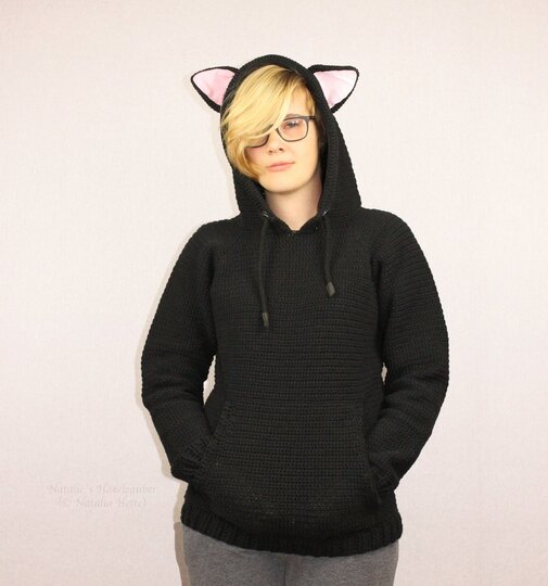 Hoodie mit Katzenohren für Erw., S-XXL (Raglan, Basic Pullover)