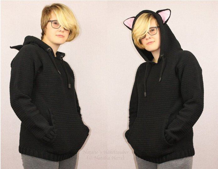 Hoodie mit Katzenohren für Erw., S-XXL (Raglan, Basic Pullover)