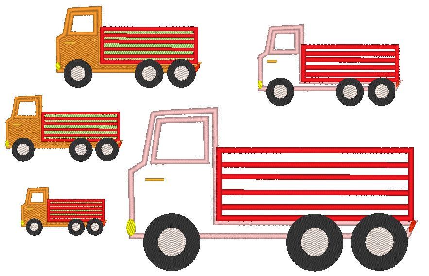 Fünf LKW-Stickmotive: drei orange und zwei rosa, Cartoon-Stil, verschiedene Größen auf weißem Hintergrund.