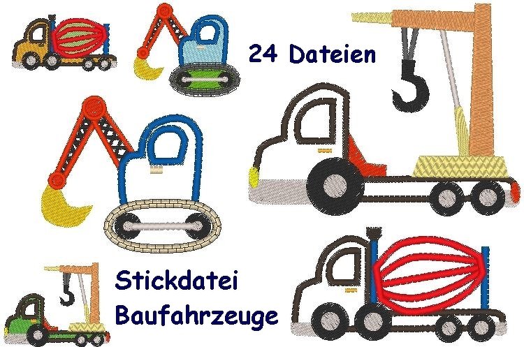 Stickdatei Baufahrzeuge Mischer Kran Auto Bagger