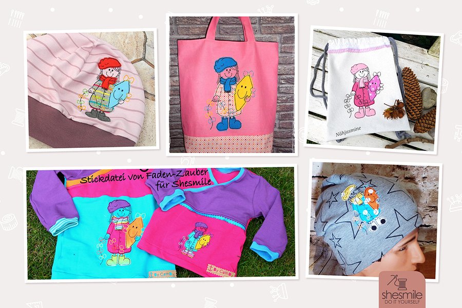 Gesticktes Mädchen mit Mütze hält lächelnden Stern auf Tasche, Mütze und Shirt