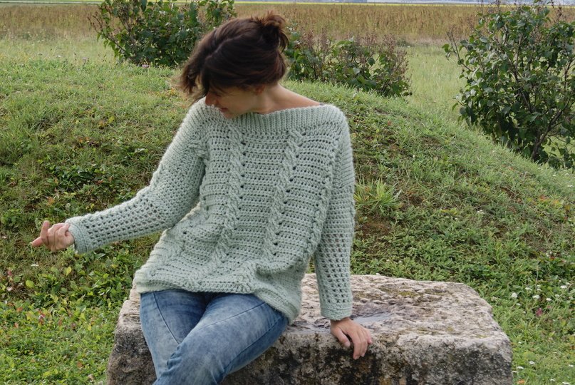 Häkel-Pulli Zopfmuster (Gr. S/M und L/XL - leicht an alle Größen anzupassen)