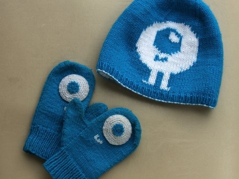 Strickanleitung für Wendemütze und Fäustlinge „Monster“ für Kinder – Kopfumfang ca. 45cm (1 - 2 Jahre)