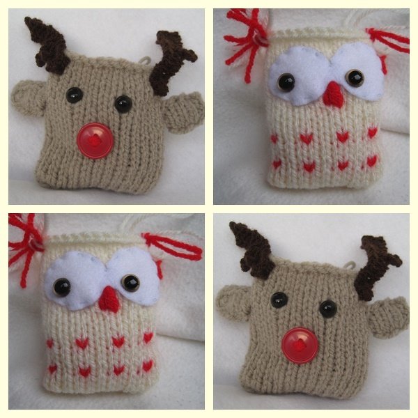 Vier gestrickte Weihnachtsanhänger: zwei Rentiere mit roter Knopfnase und Geweihen, zwei Eulen mit Filzaugen und roten Herzmustern.
