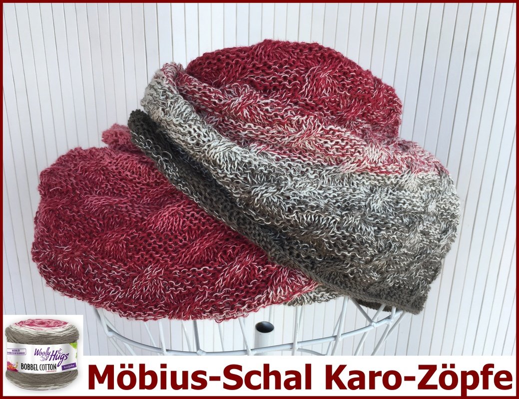 Möbius-Schal Karo-Zöpfe stricken mit 1 BOBBEL-COTTON von Woolly Hugs