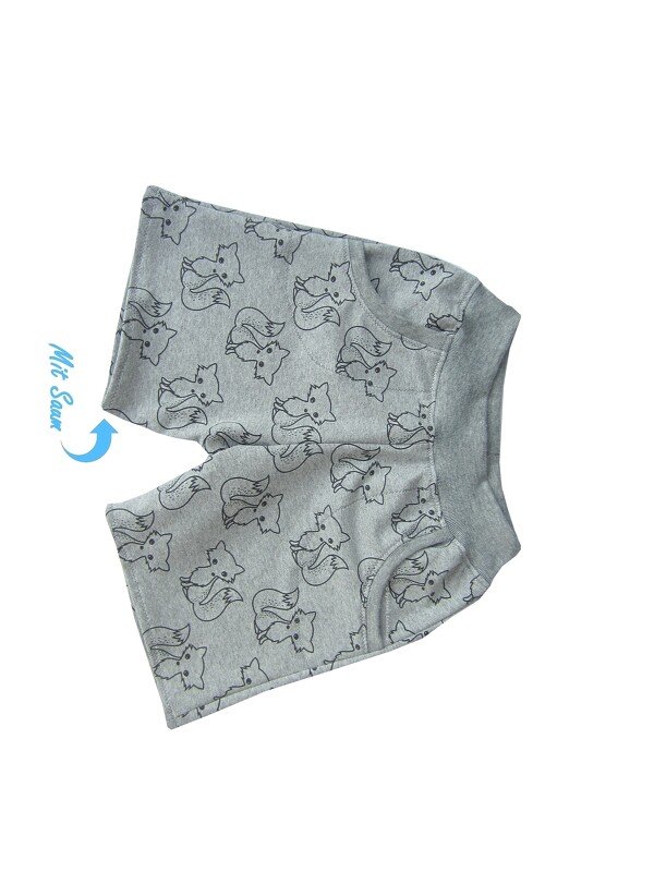 Detailansicht graue Baby-Shorts mit Fuchsprint, Bund und Naht