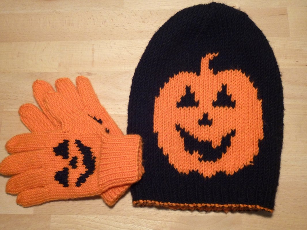 Strickanleitung für Wendemütze und Fingerhandschuhe „Halloween-Kürbis“ für Kinder – Kopfumfang ca. 50cm (3 - 5 Jahre)