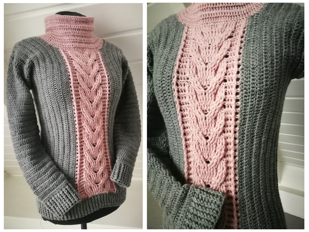 Gehäkelter Damenpullover grau und rosa mit Zopfmuster und Rollkragen