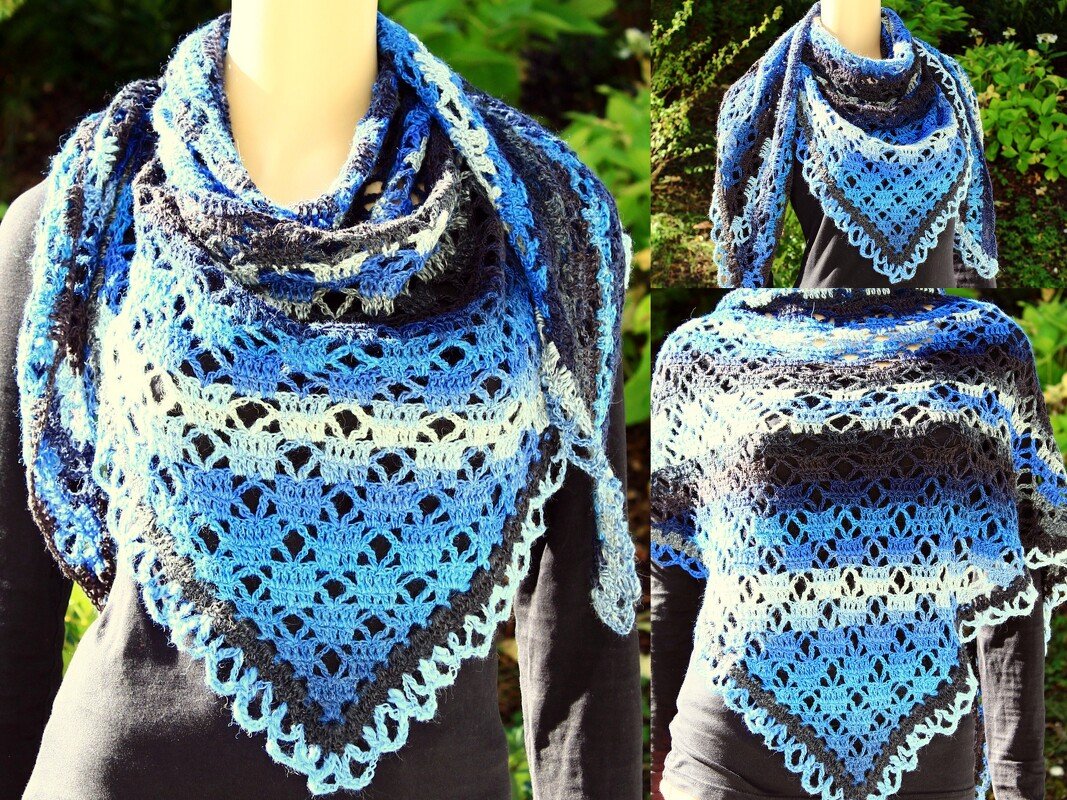 Gehäkeltes dreieckiges Lacetuch in Blau-, Schwarz- und Weißtönen, auf einer Büste drapiert