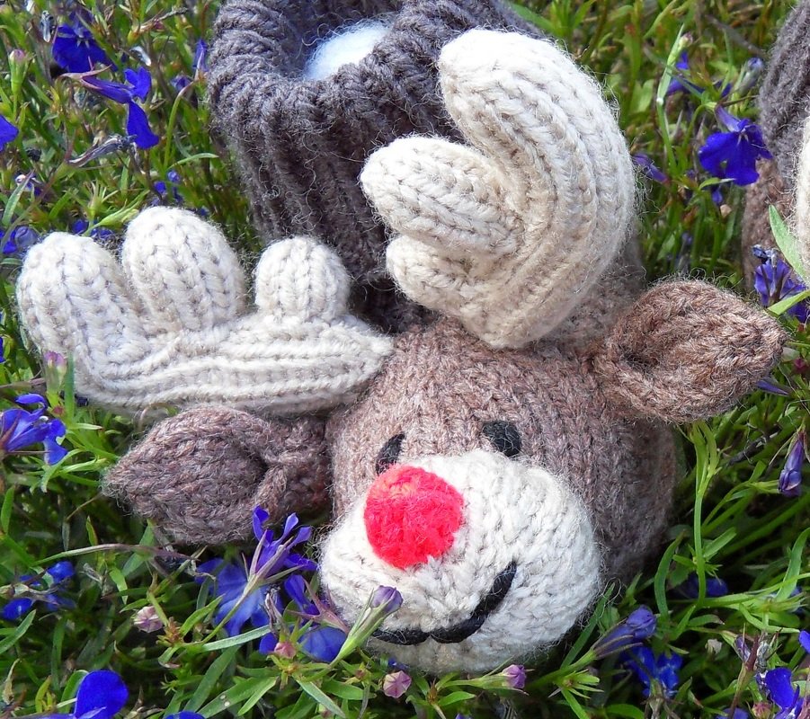 Handgefertigter Rentier-Babyschuh mit roter Pompon-Nase auf grünen Blättern und blauen Blüten