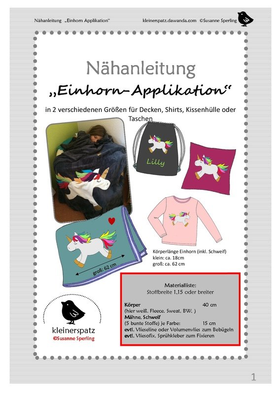 Vorlage und Anwendungsbeispiele einer Einhorn-Applikation auf Decke, Shirt, Kissen und Tasche
