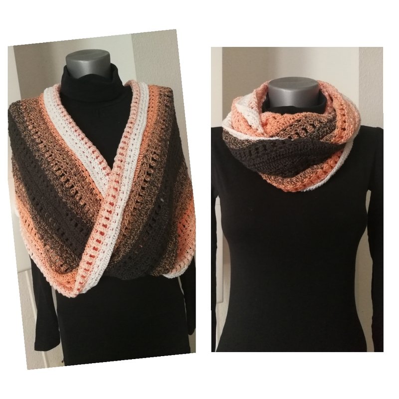 Gehäkelter Loop-Schal und Schultertuch in gemusterten Erdtönen an schwarzer Schaufensterpuppe, zwei Tragevarianten