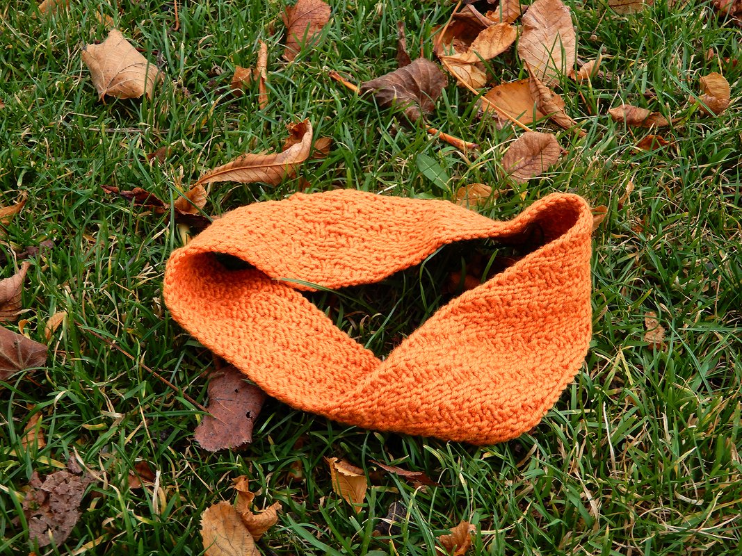 Oranges gestricktes Stirnband auf grünem Gras mit braunen Herbstblättern
