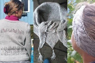 Trio aus Strickjacke (38-40), Schultertuch und Stirnband in Silbergrau