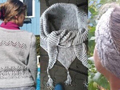 Trio aus Strickjacke (38-40), Schultertuch und Stirnband in Silbergrau