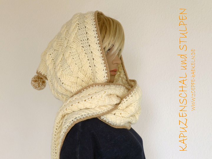 Mod. 024 - Häkelanleitung - Kapuzenschal/Schal & Stulpen mit Zopfmuster