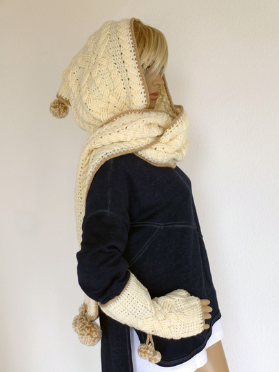 Mod. 024 - Häkelanleitung - Kapuzenschal/Schal & Stulpen mit Zopfmuster