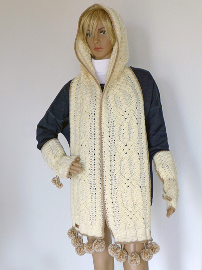 Mod. 024 - Häkelanleitung - Kapuzenschal/Schal & Stulpen mit Zopfmuster