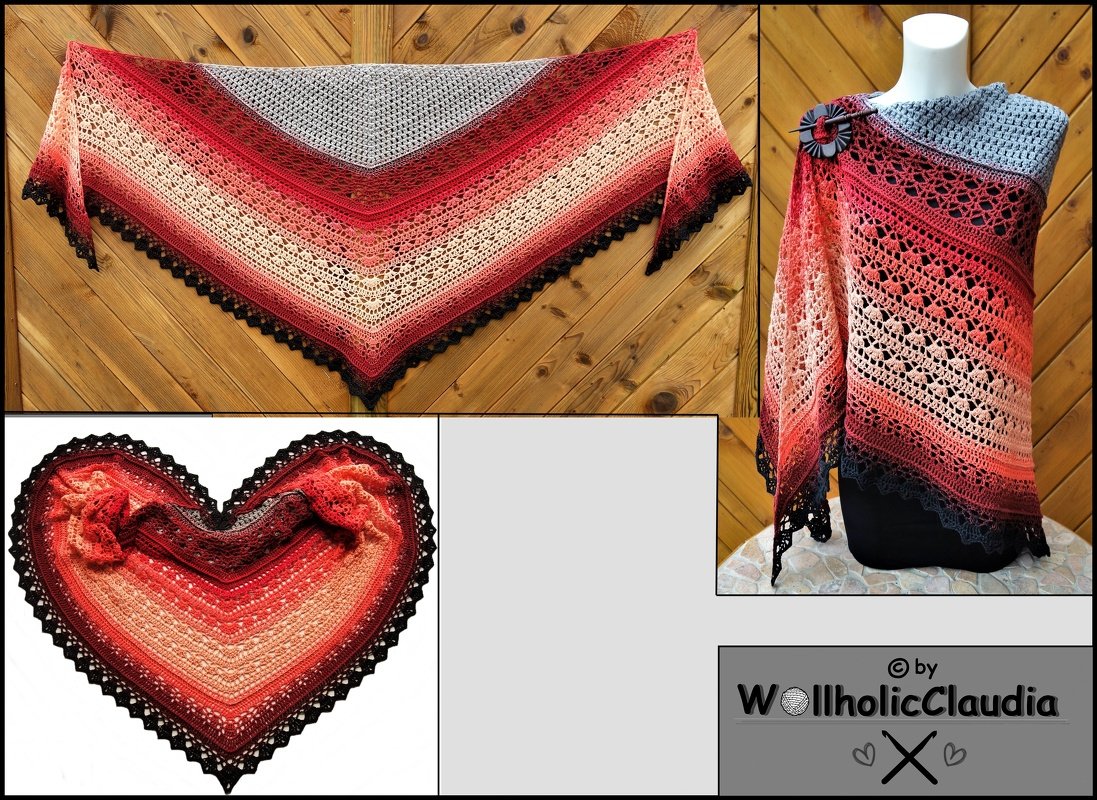 Gehäkeltes Dreieckstuch in Rot- und Grauverläufen mit schwarzer Spitzenborte, auf Holzwand und Büste präsentiert