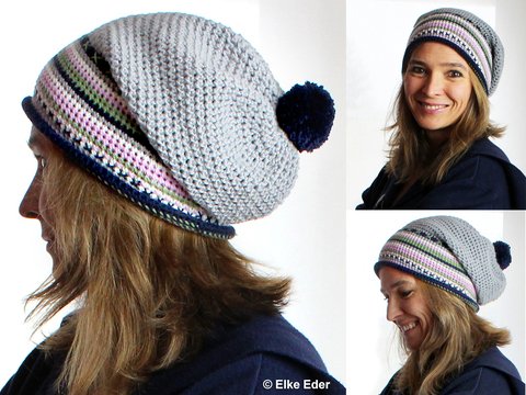Häkelanleitung Mütze Beanie "Harmony" in Grau, Marine und Pastellfarben