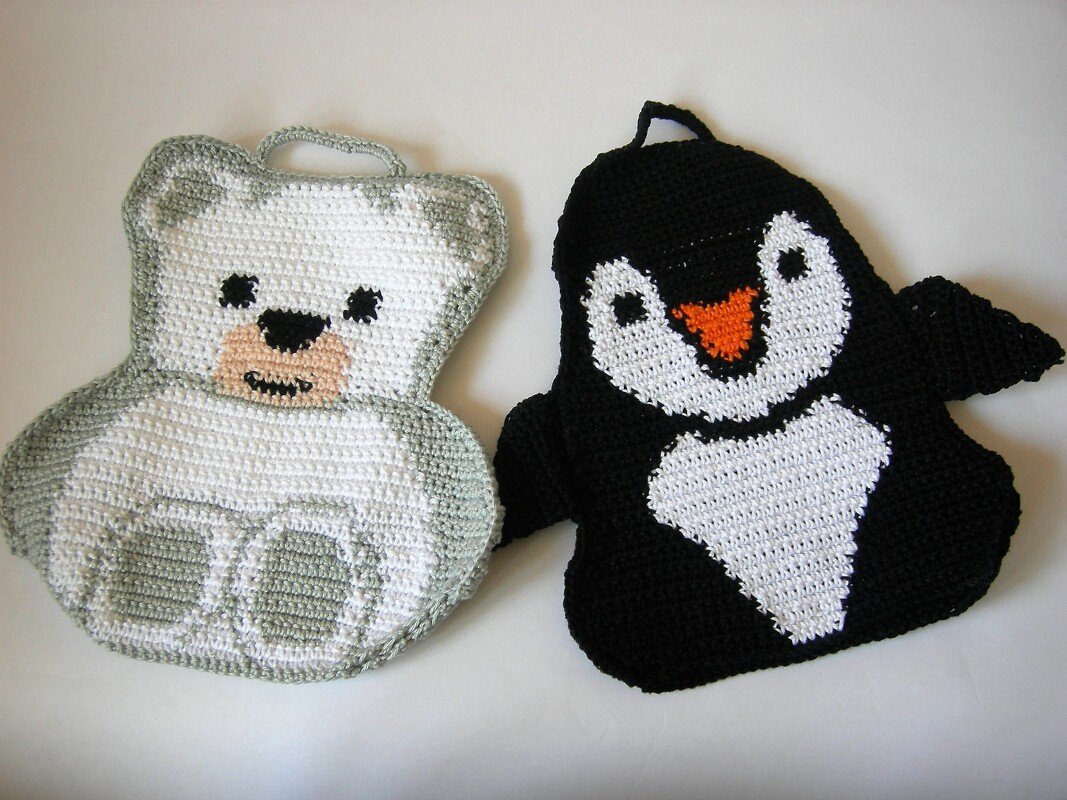 Häkelanleitung: Topflappen Eisbär-Pinguin