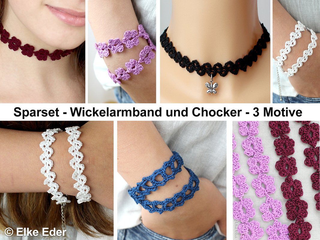 Häkelanleitung Sparset - Wickelarmband und Chocker - 3 Motive