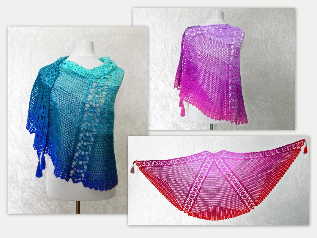 Three crochet lace shawls in ombre colors (blue-teal, purple-magenta, red-pink) with tassels, shown on mannequins and as a flat lay.