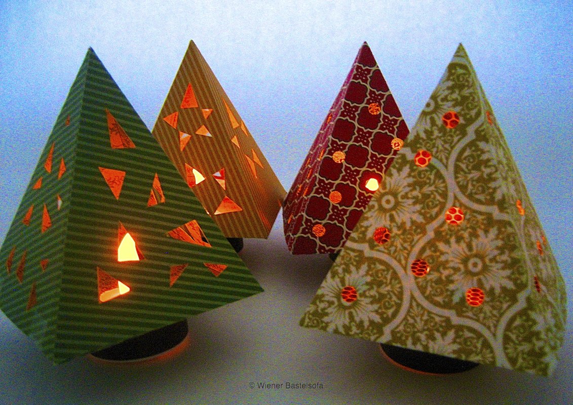 Leuchtbäumchen, Geschenkbox mit Vorlage zum Ausdrucken auf Scrapbooking- oder Tonpapier, Geschenkschachtel