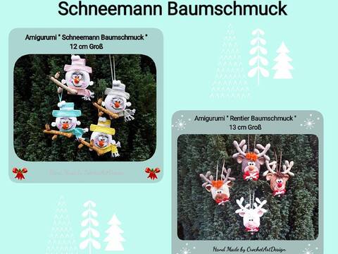 2er Set Anleitung Amigurumi Rentier und Schneemann Baumschmuck