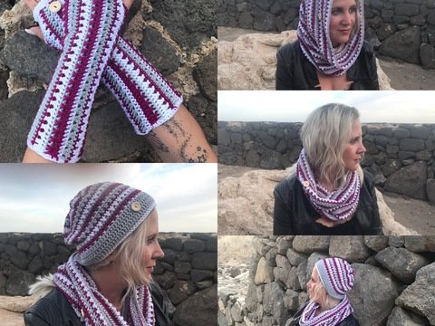 Häkelanleitung Set "Norge" Armstulpen, Mütze, Schlauchschal